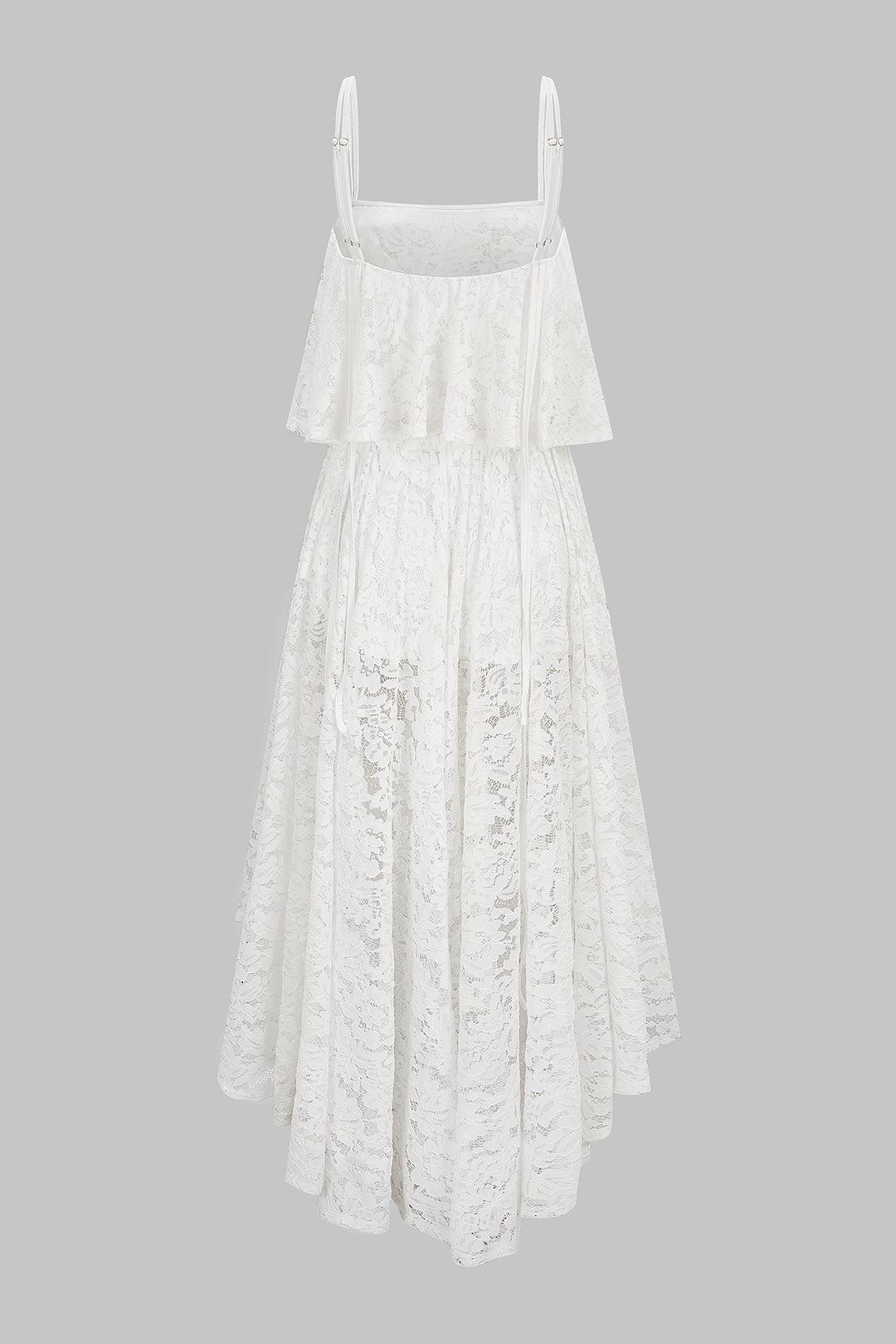 Asymmetrische mouwloze midijurk met kant, open rug en ruches