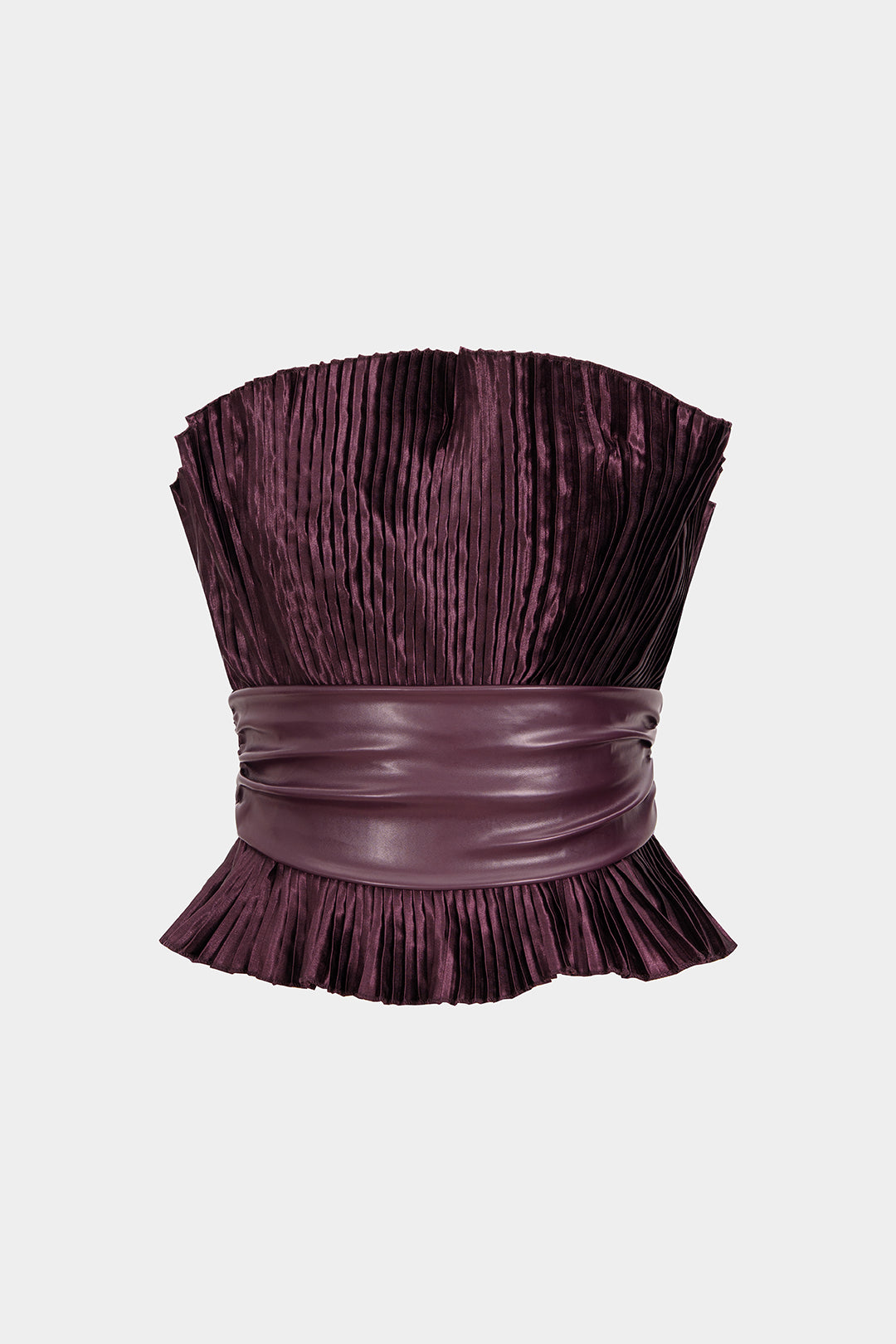 Leren-look patchwork strapless top met riem en ruches