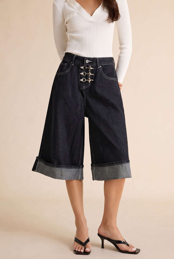 Denim metallic short met wijde pijpen