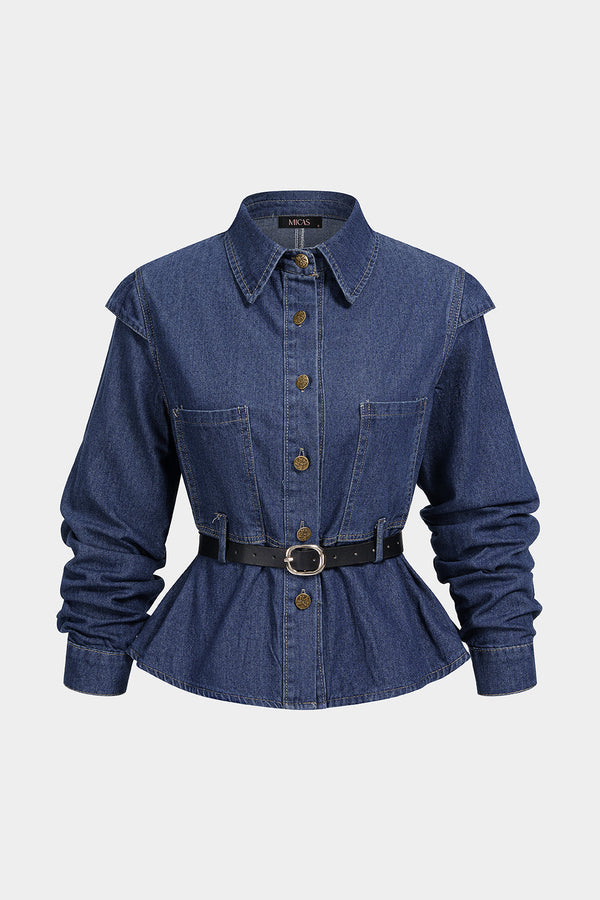 Lieke - Denim blouse met riem en lange mouwen