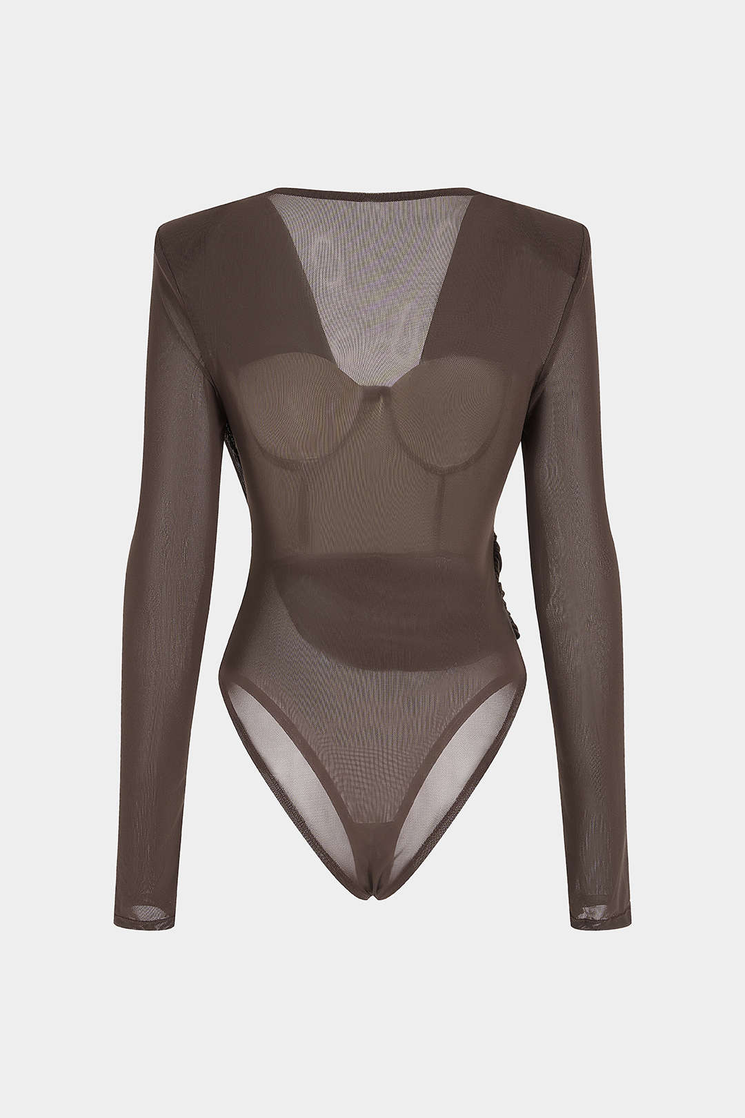 Patchwork mesh body met kant, drapering en watervalhals