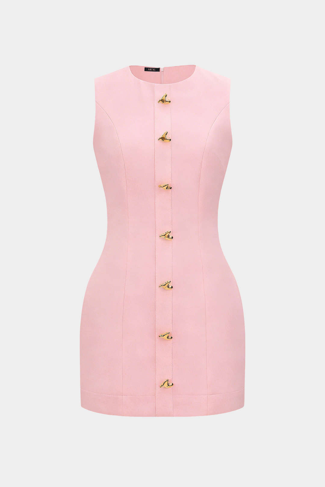 Sara - Metallic mouwloze minijurk met ronde hals en knoopjes