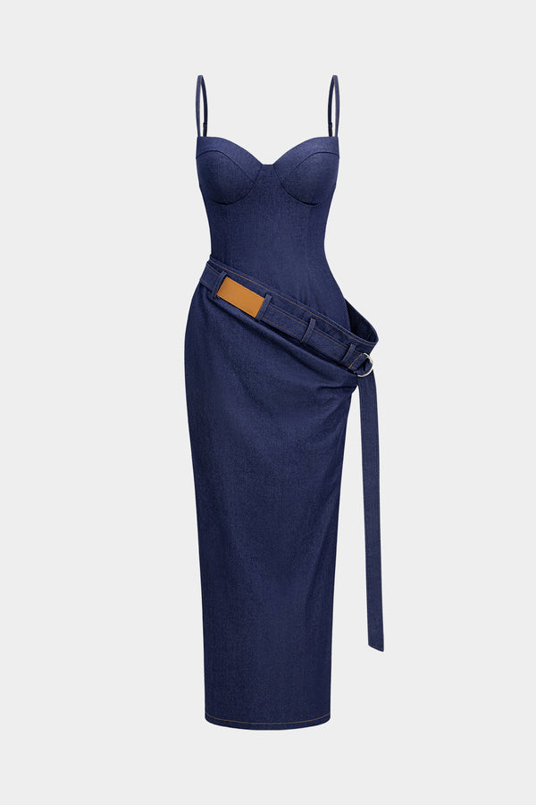Denim asymmetrische maxijurk met ruches, riem en rits