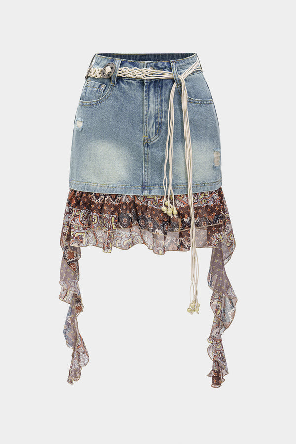 Noor - Denim patchwork rok met hoge taille
