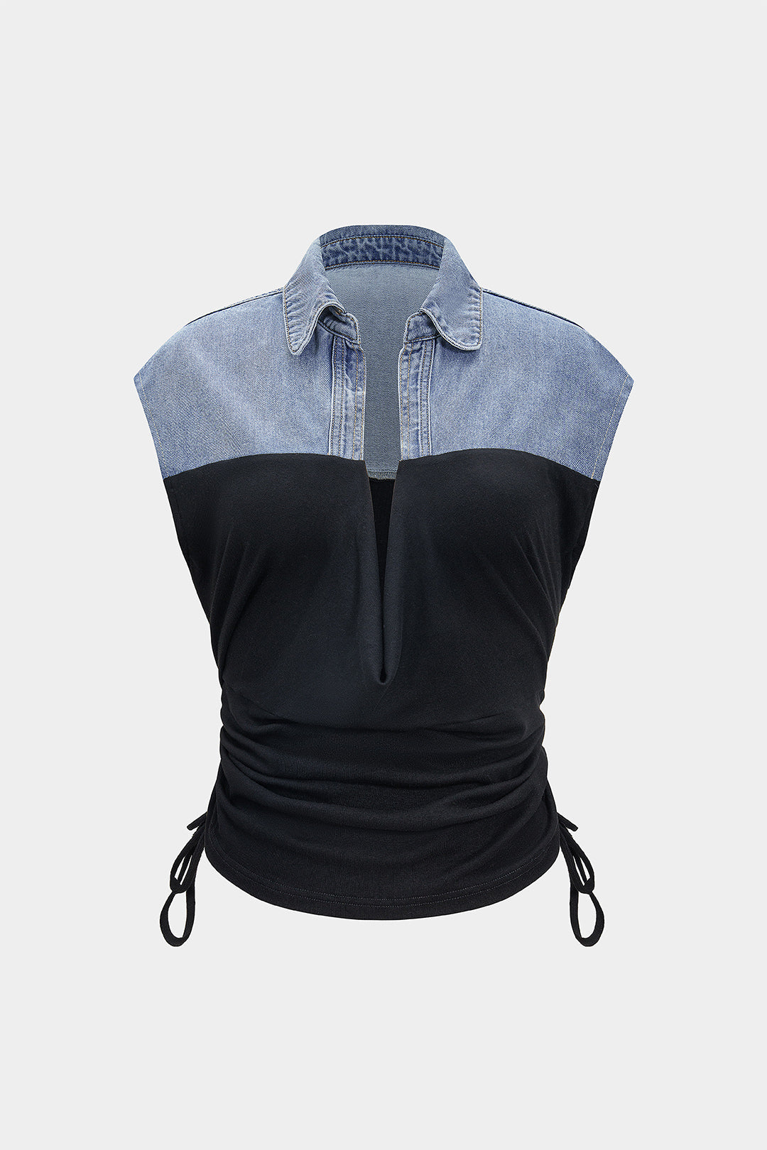 Clara - Denim patchwork croptop met trekkoord