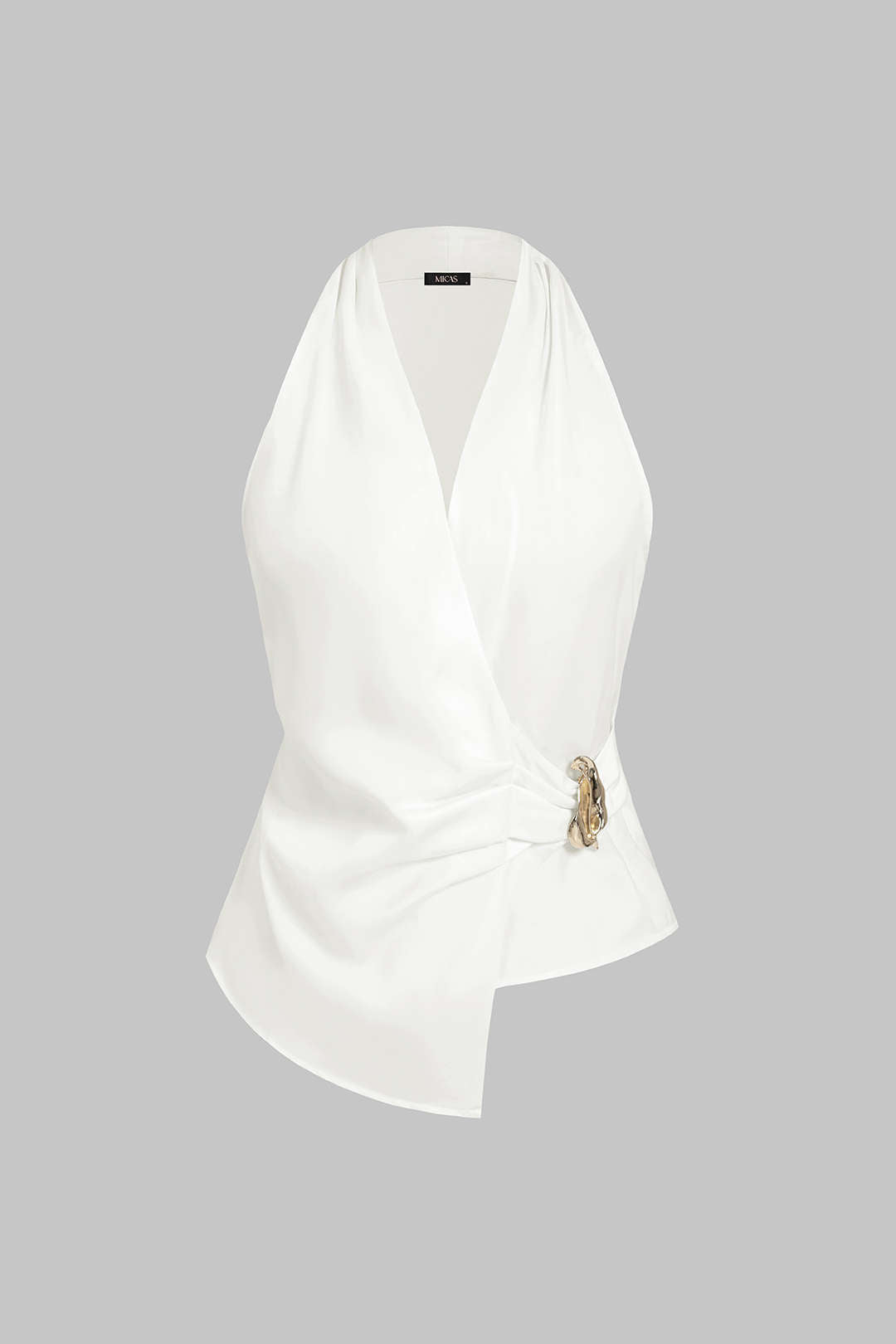 Satijnen asymmetrische tanktop met halternek en V-hals