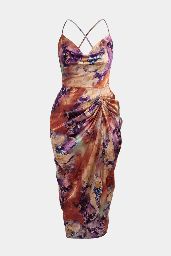Noa - Bloemenprint satijnen midijurk met drapering en watervalhals