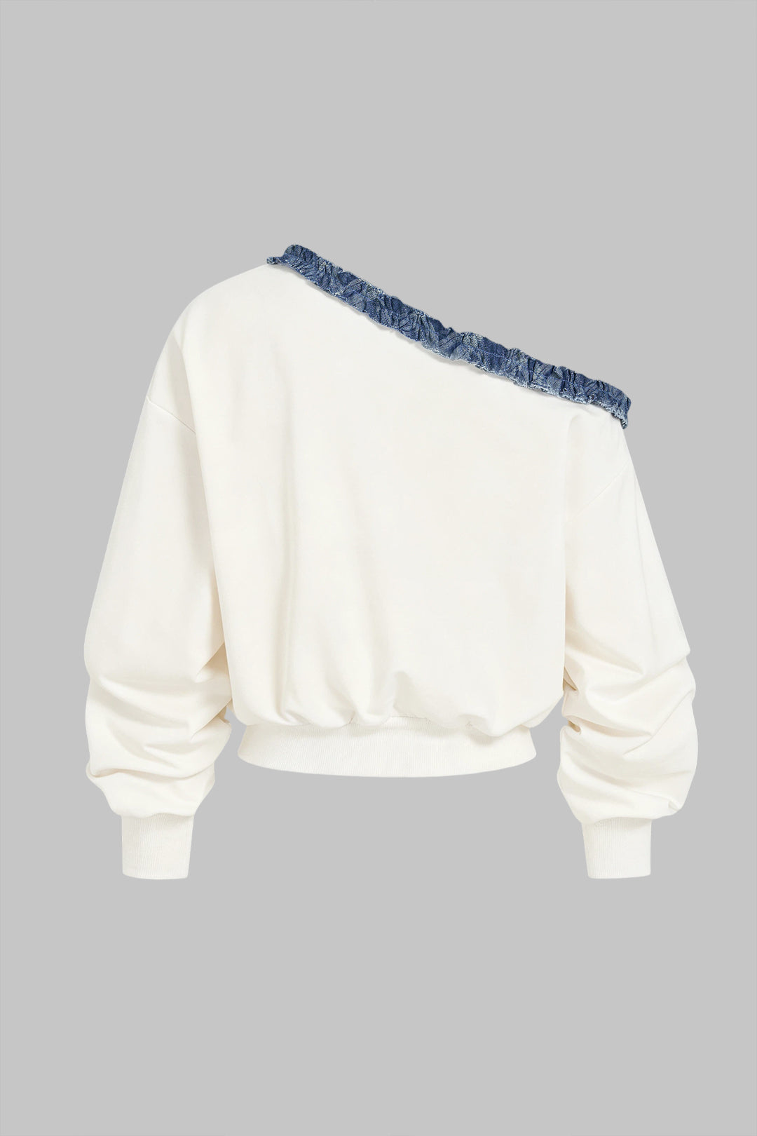 Patchwork denim sweater met één schouder