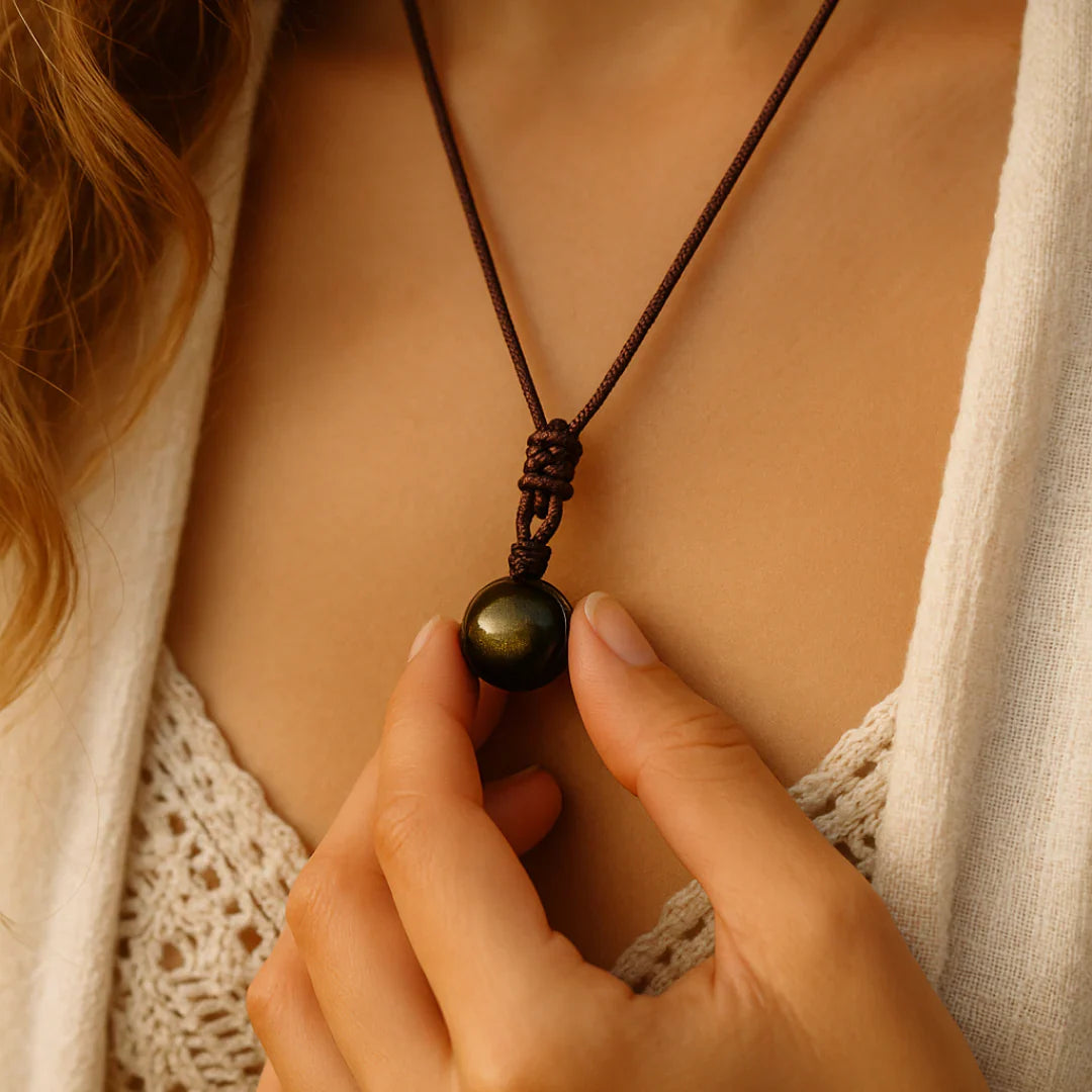 'Keiko’ Goud Obsidiaan Hanger Ketting