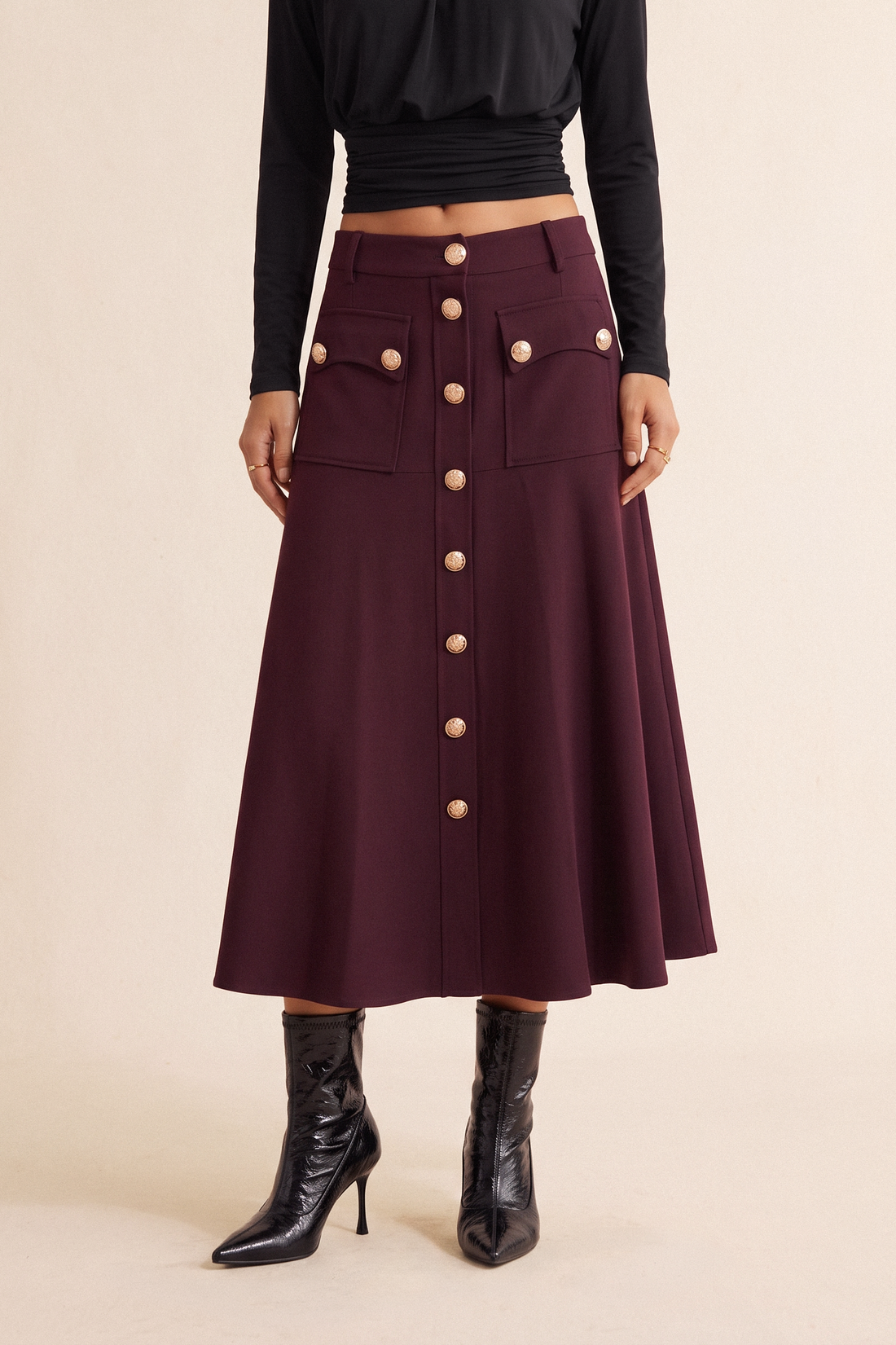 Metallic midirok met knoopjes en hoge taille