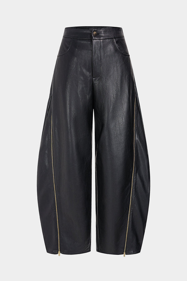 Leren-look metallic broek met rits en wijde pijpen