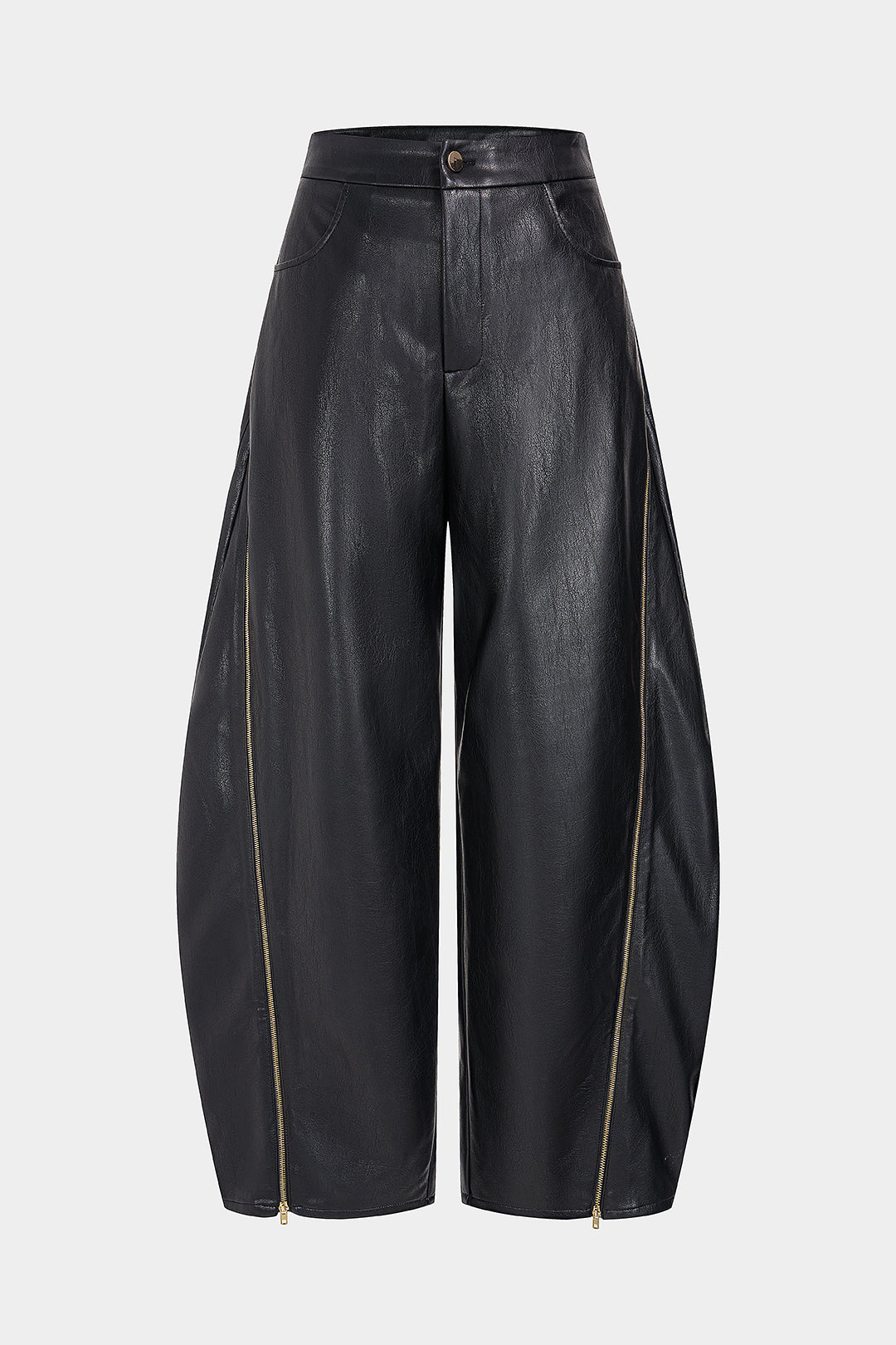 Leren-look metallic broek met rits en wijde pijpen