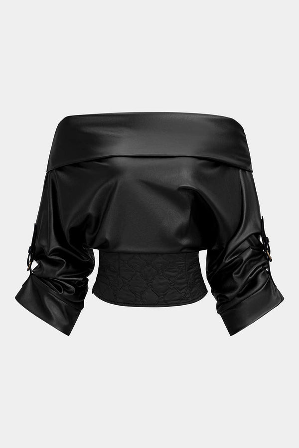 Leren-look doorgestikte blouse met blote schouders