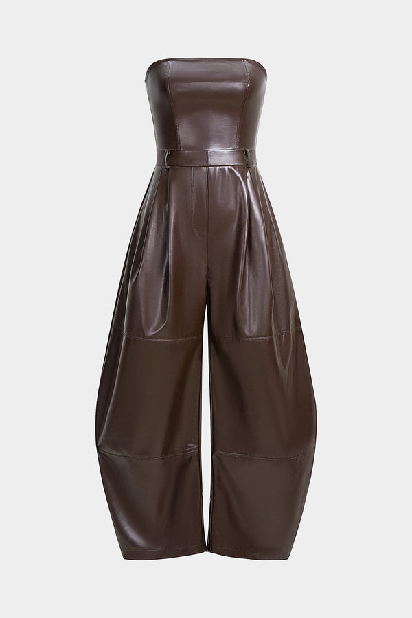 Leren-look jumpsuit met ruches en strapless pasvorm