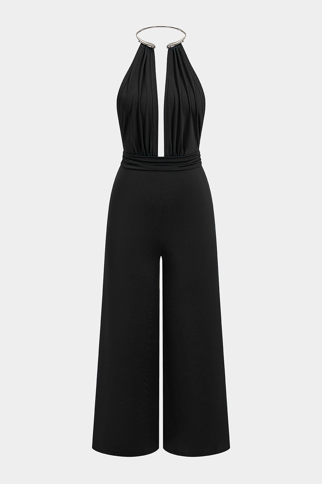 Metallic mouwloze jumpsuit met halternek en open rug