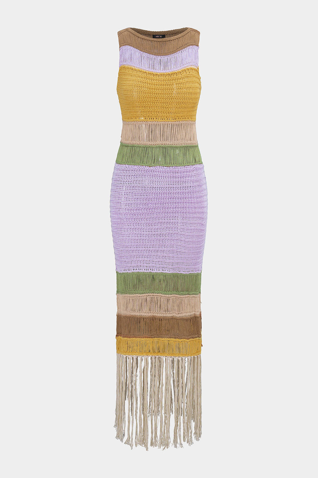 Nina - Gebreide mouwloze midijurk met ronde hals en franjes