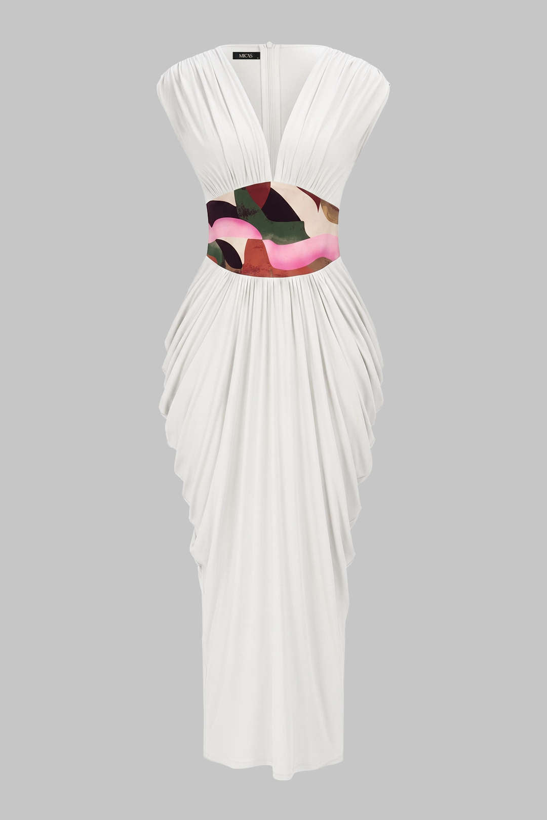 Abstracte print mouwloze maxijurk met V-hals, ruches en rits