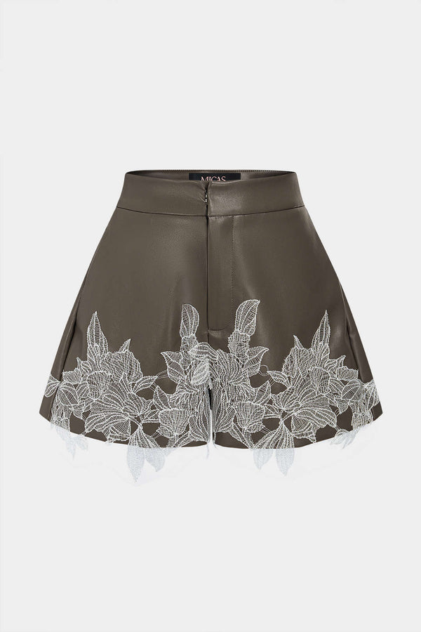 Leren-look patchwork short met kant