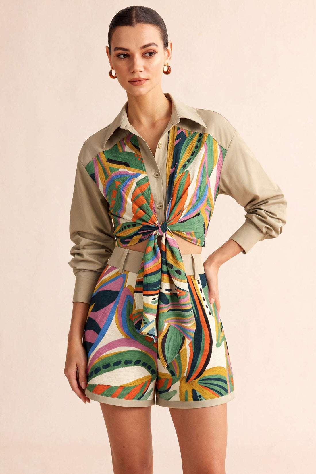 Patchwork blouse met strik en lange mouwen