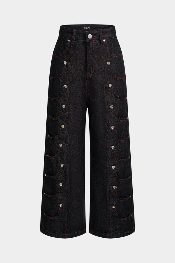 Metallic jeans met zakken, knoopjes en rechte pijp