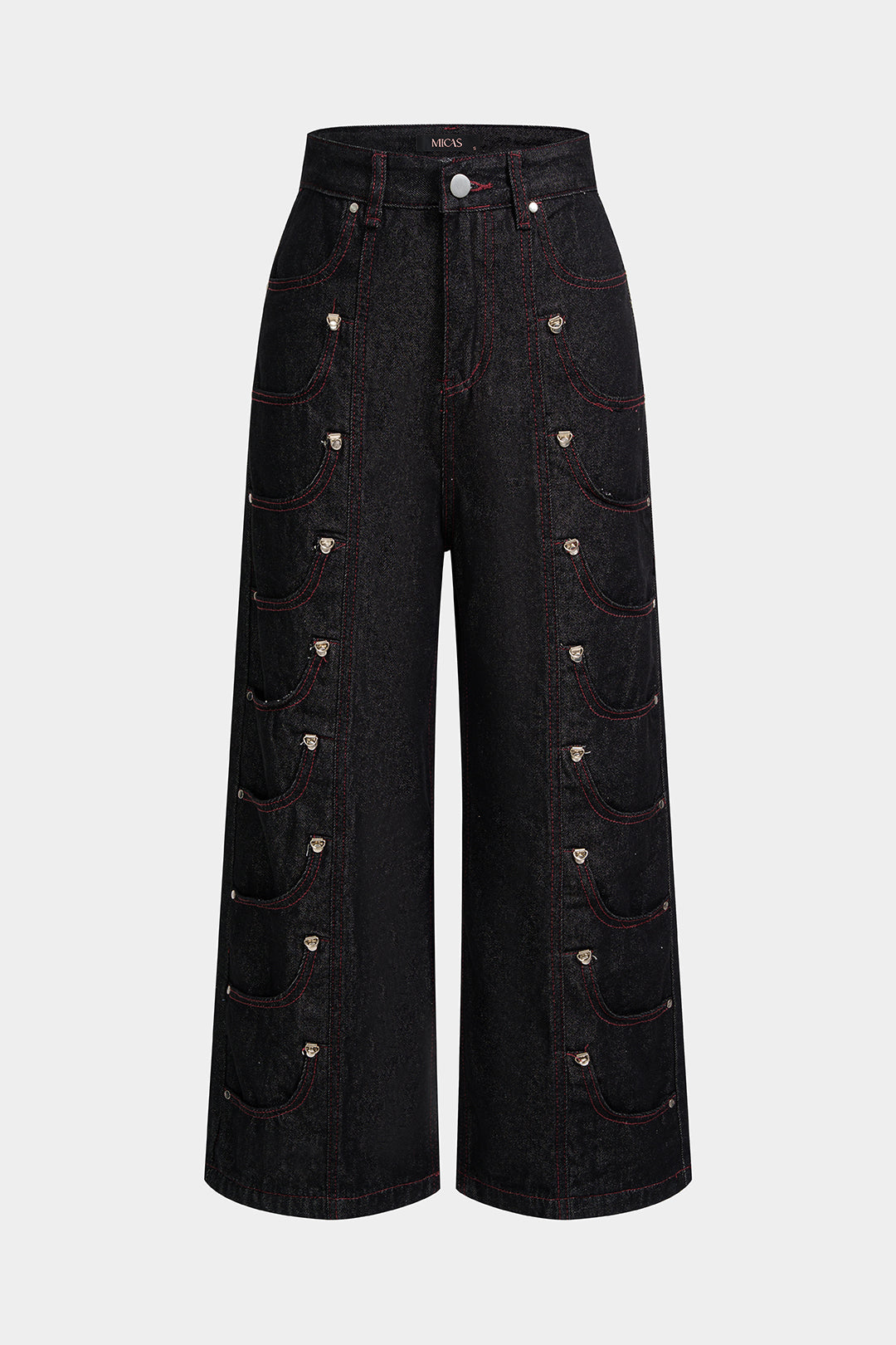Metallic jeans met zakken, knoopjes en rechte pijp