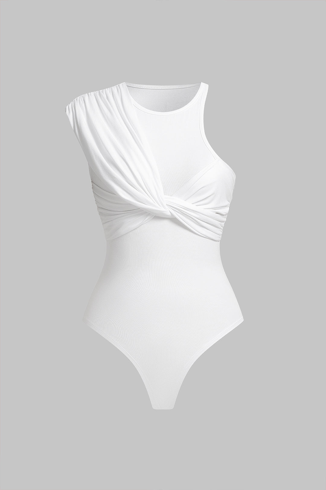 Asymmetrische mouwloze body met ronde hals en ruches