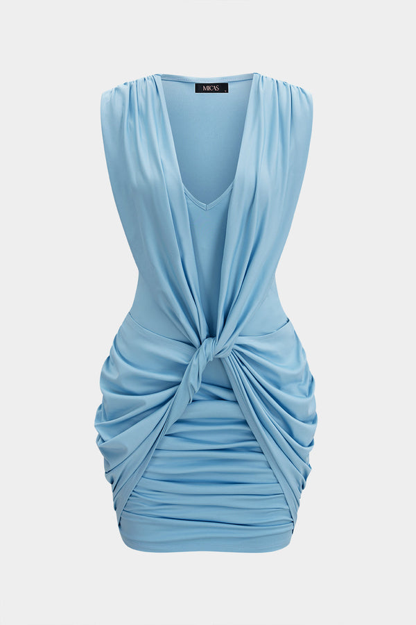 Mouwloze minijurk met V-hals, gedraaid detail en knoopdetail