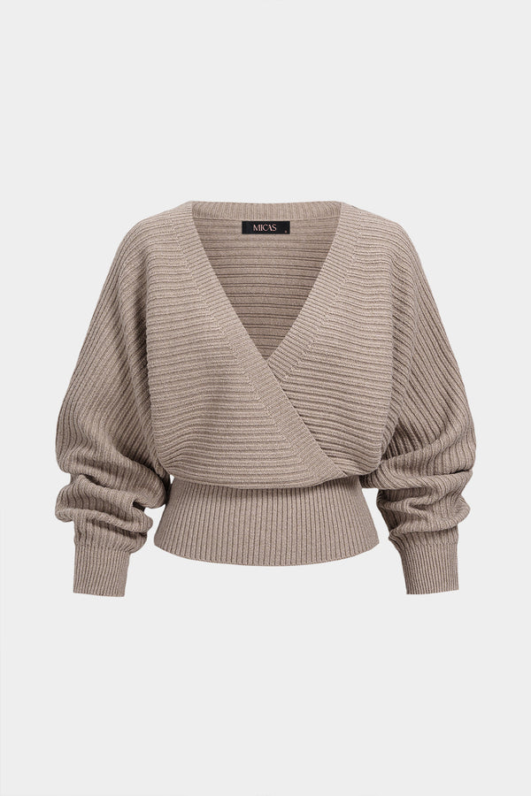 Gebreide top met V-hals, vleermuismouwen en lange mouwen