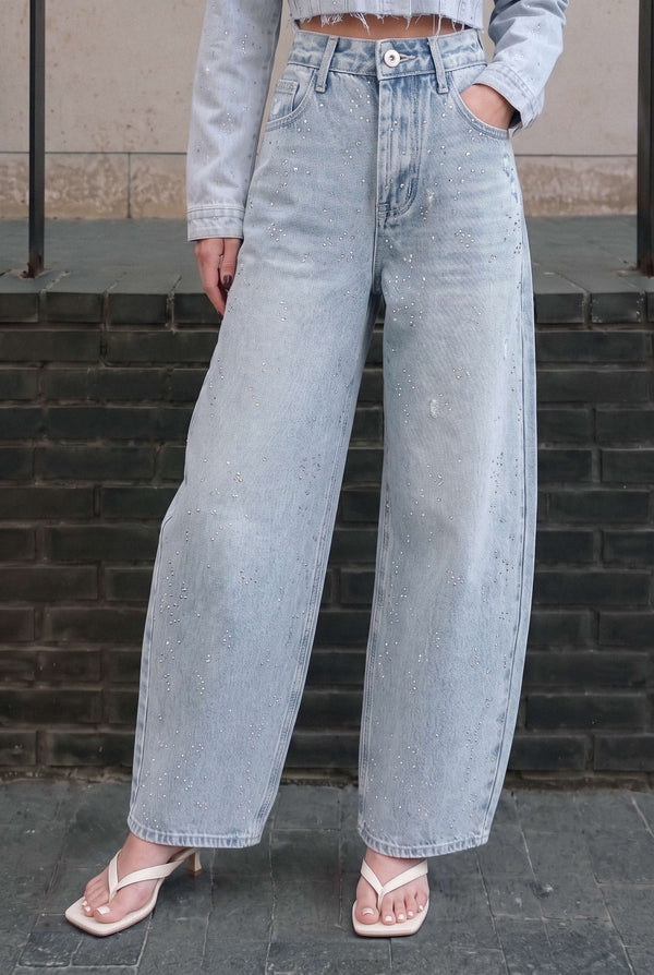 Denim broek met strass en rechte pijp