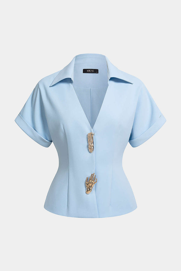 Metallic blouse met revers, V-hals en korte mouwen
