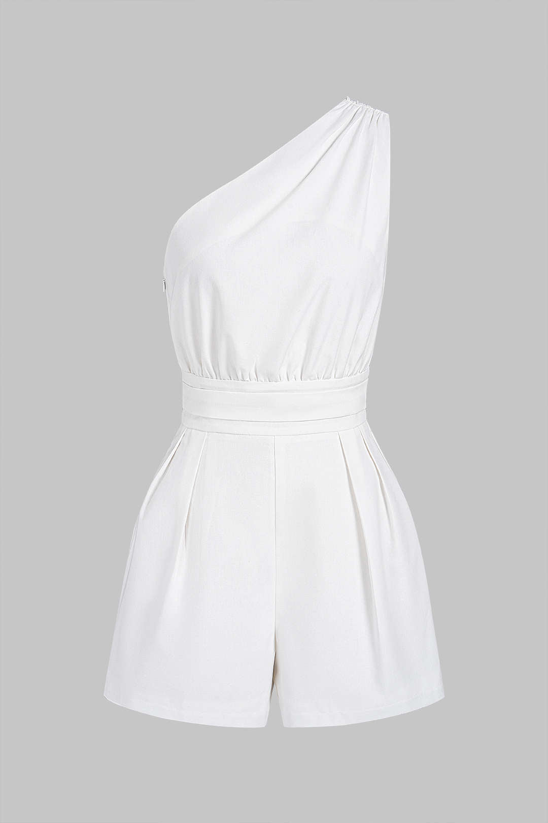 Linnen mouwloze playsuit met één schouder en ruches