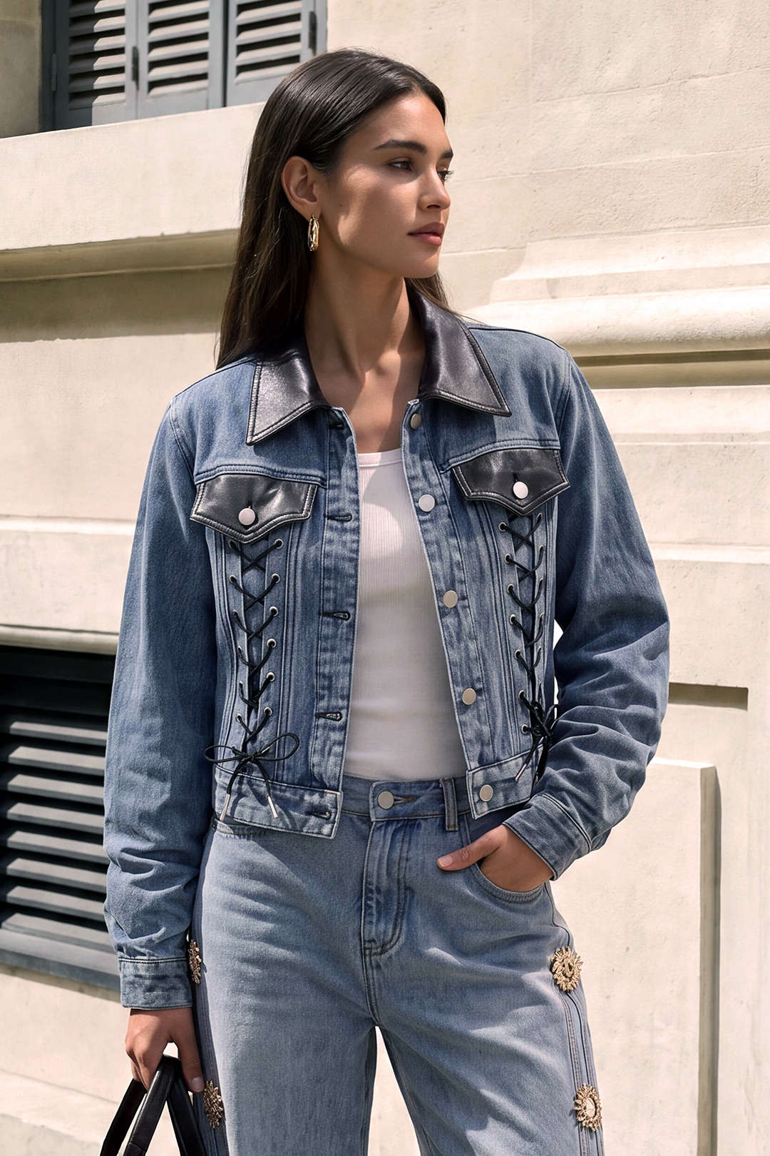 Denim patchwork jasje met strik
