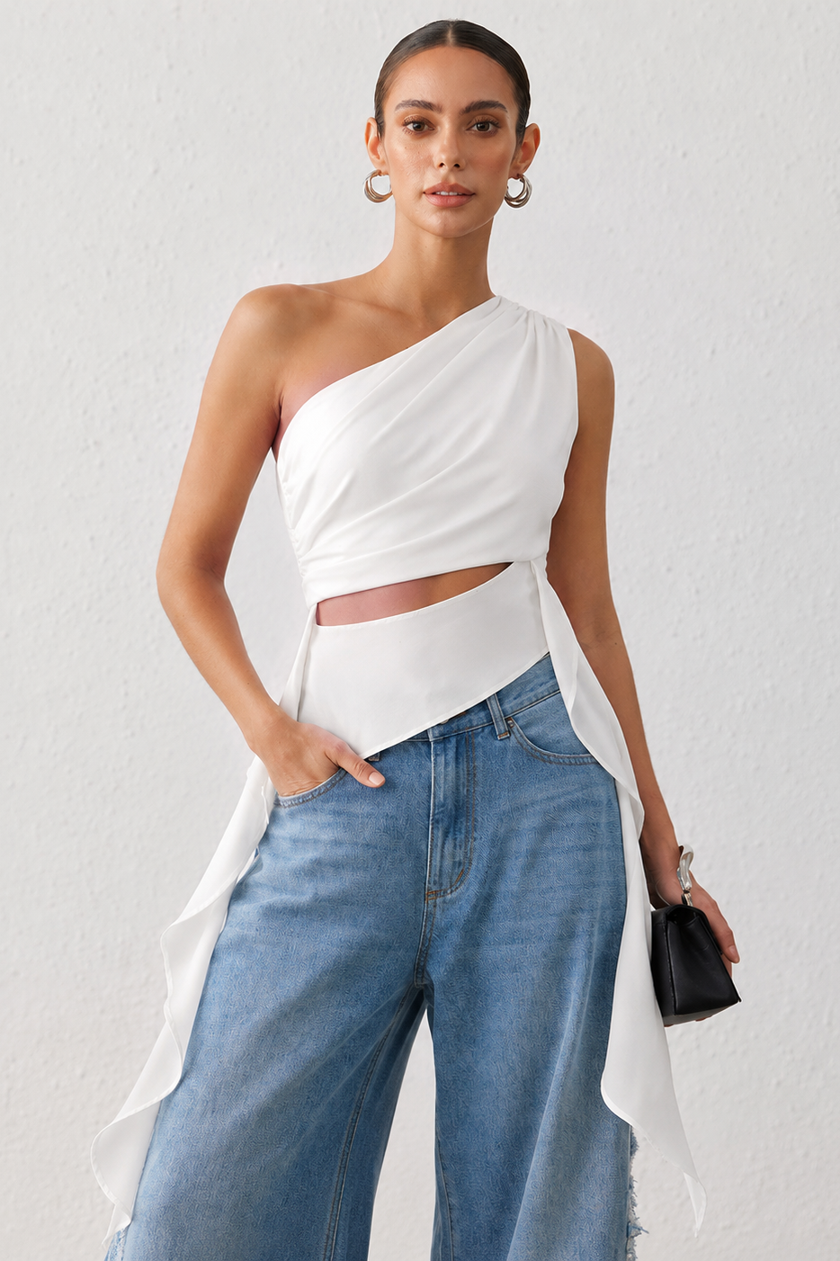 Effen tanktop met één schouder, uitsnijding en ruches