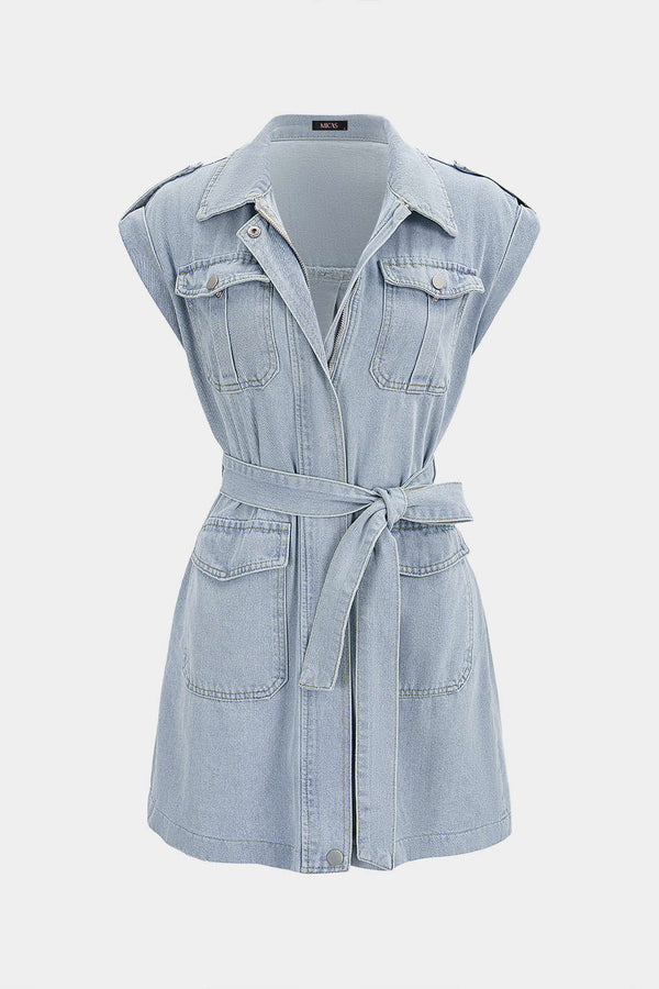 Denim minijurk met revers en riem