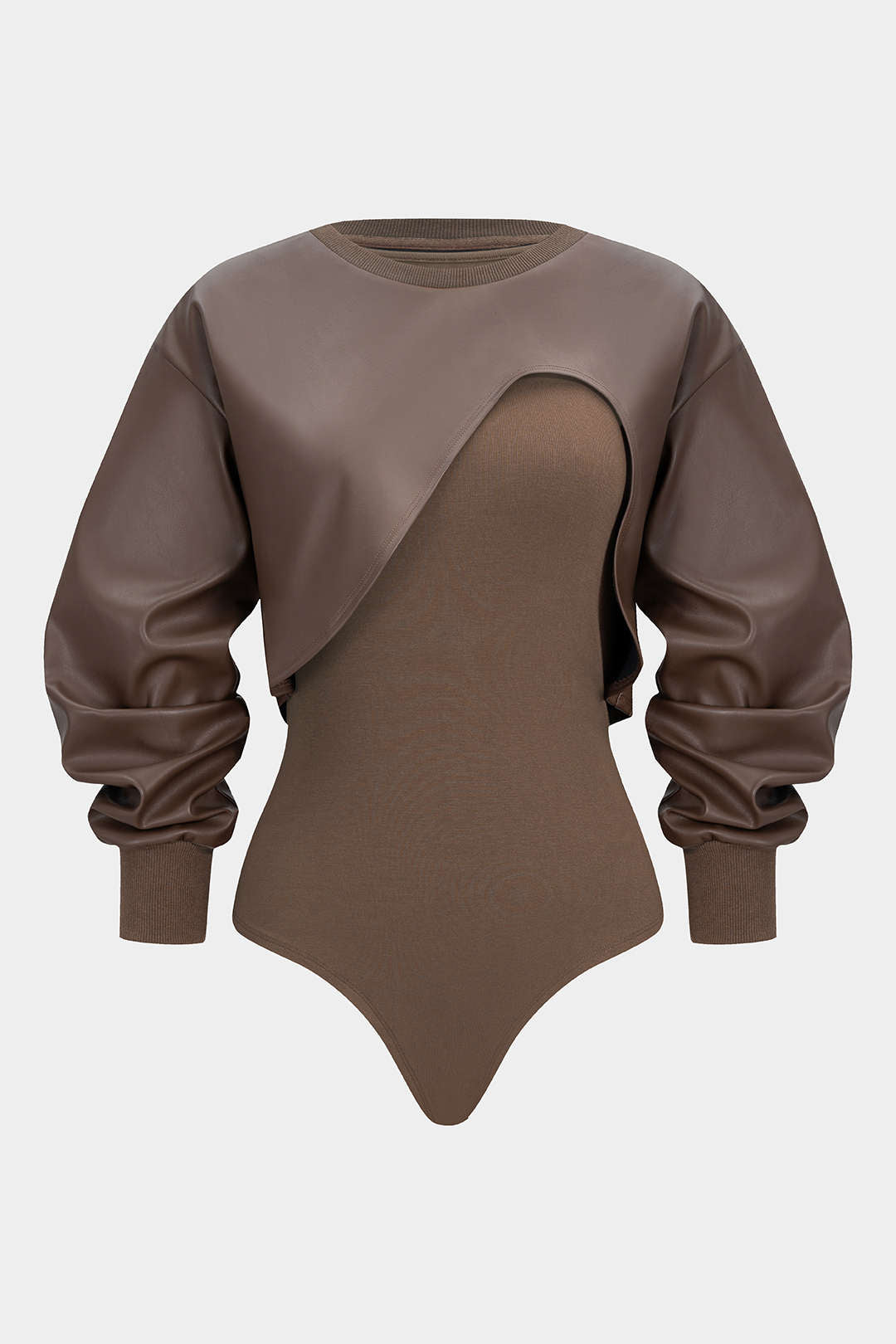 Hailey - Leren-look patchwork body met ronde hals en lange mouwen