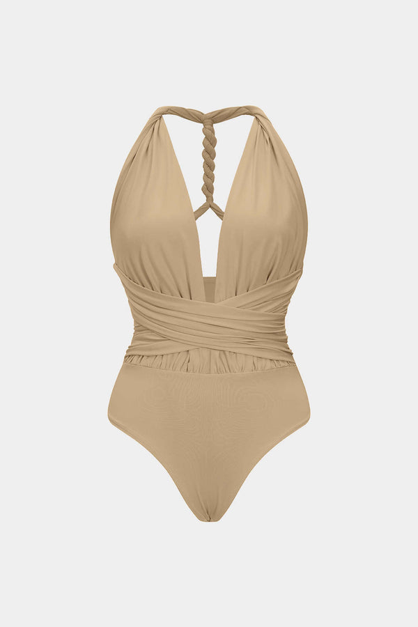 Mouwloze body met ruches, V-hals en gedraaid detail