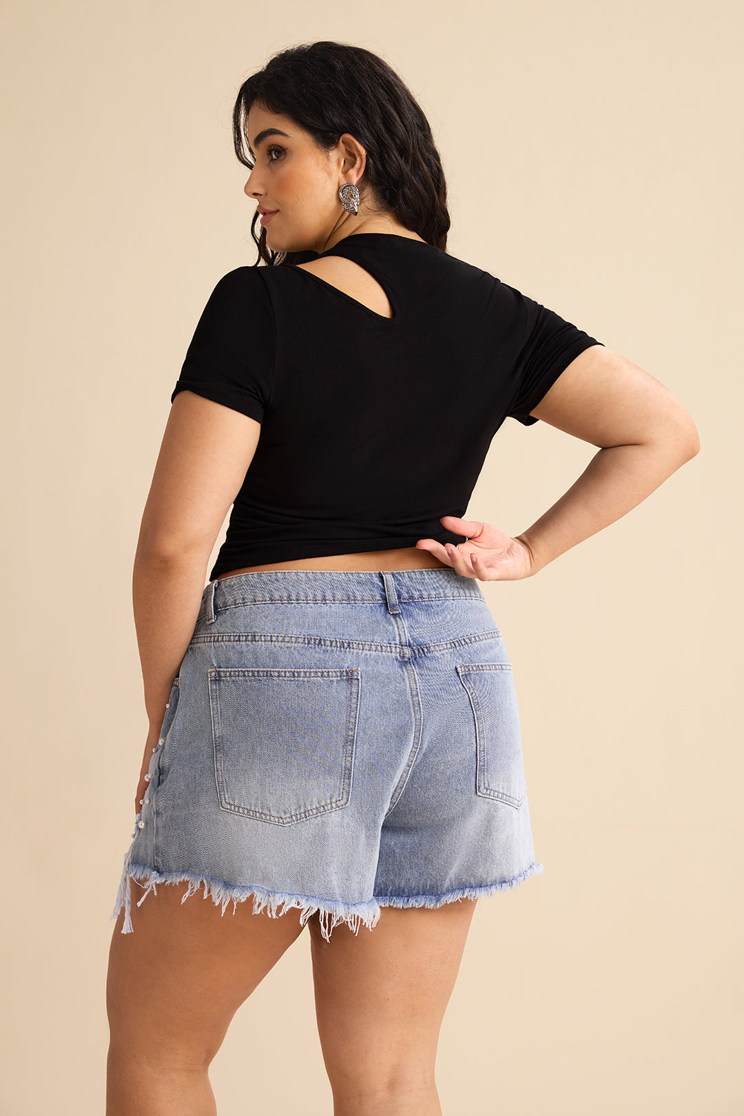 Lara - Denim short met hoge taille en kralen