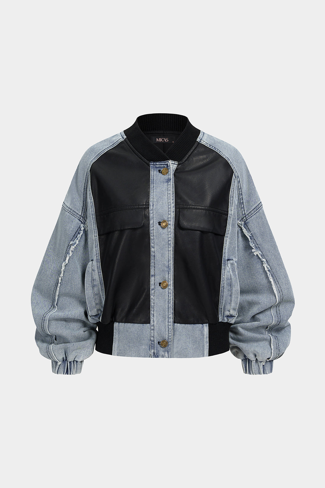 Denim patchwork jasje met rafelrand