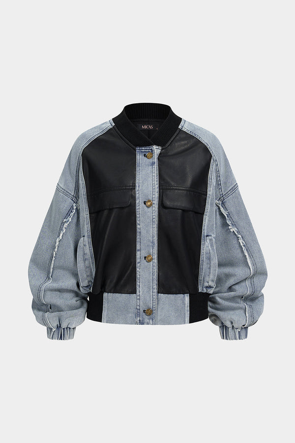 Denim patchwork jasje met rafelrand