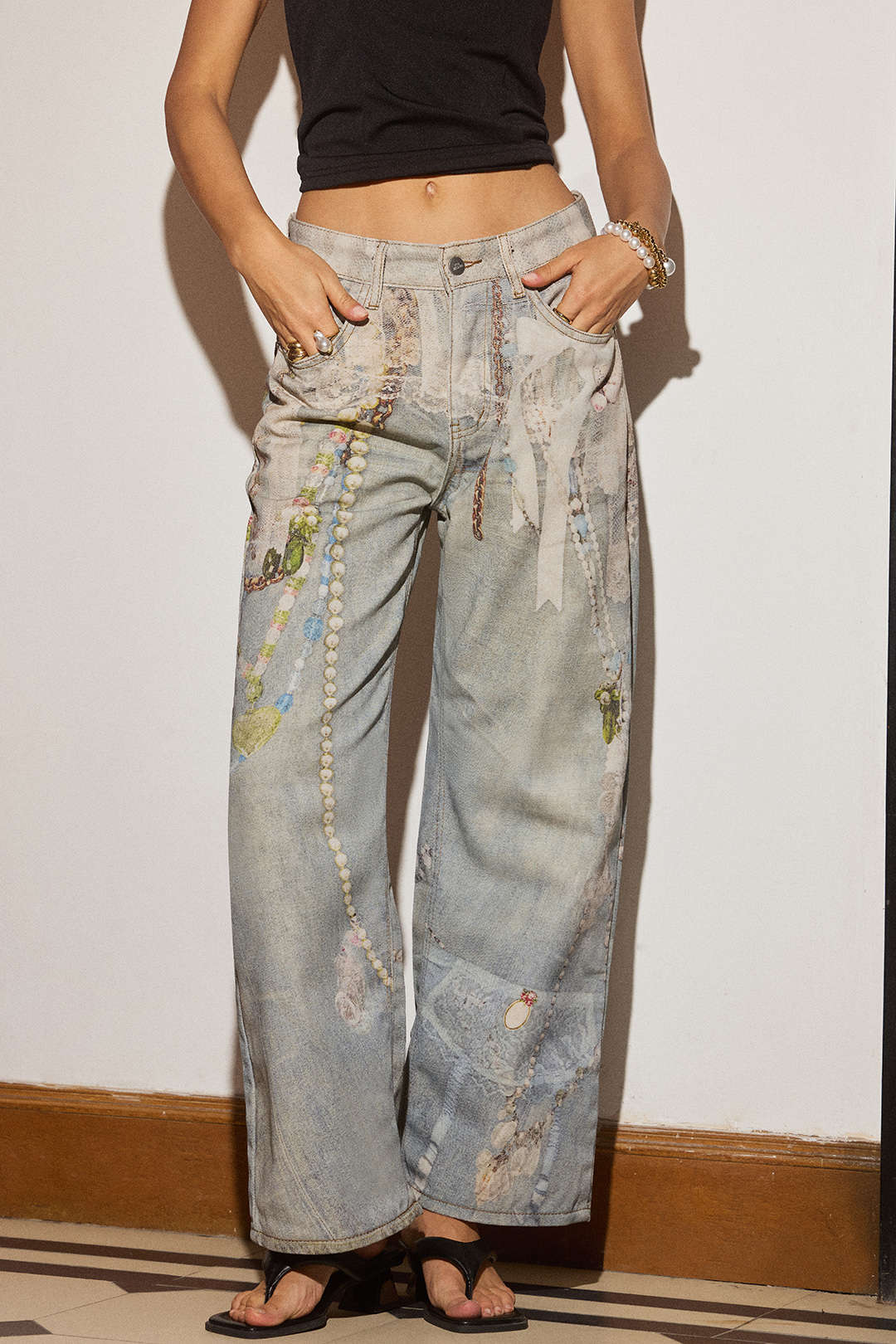 Denim abstracte print broek met wijde pijpen