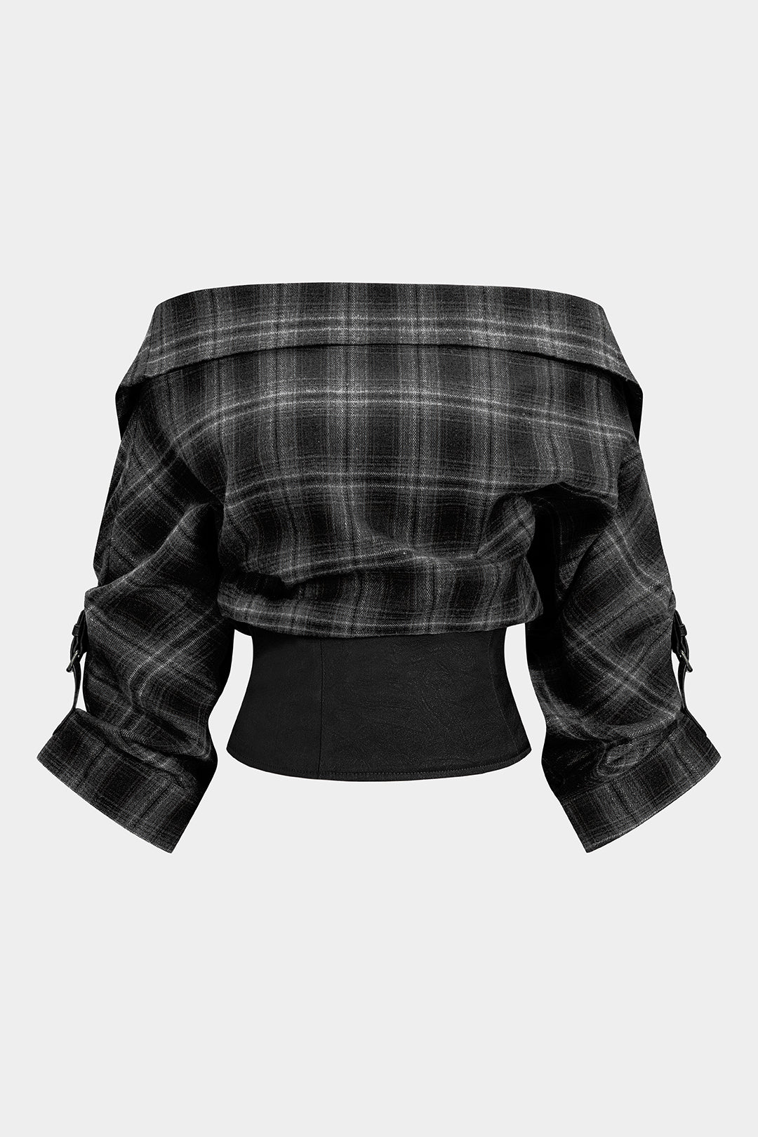 Geruite satijnen blouse met blote schouders en rits