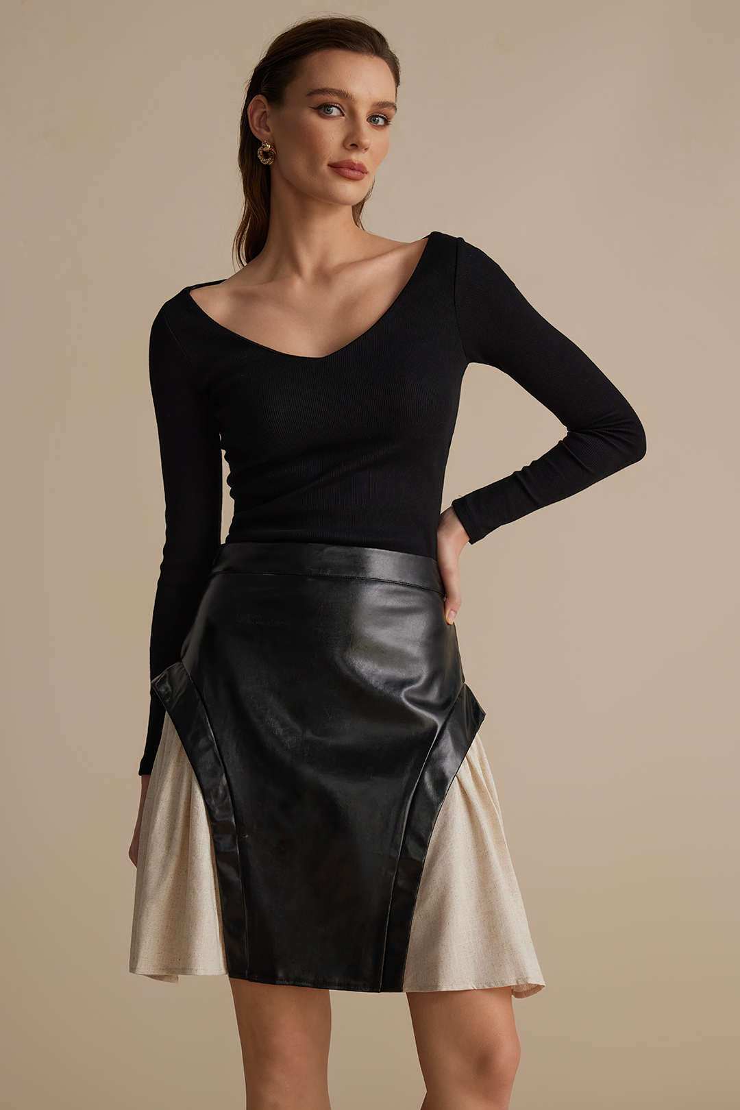 Colorblock leren-look rok met ruches en rits