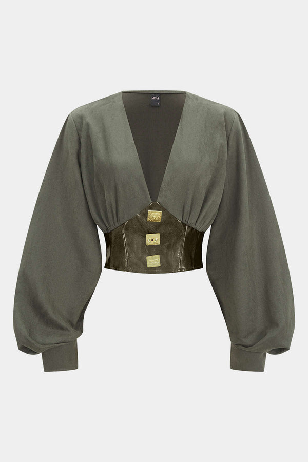 Leren-look suède top met V-hals en lange mouwen