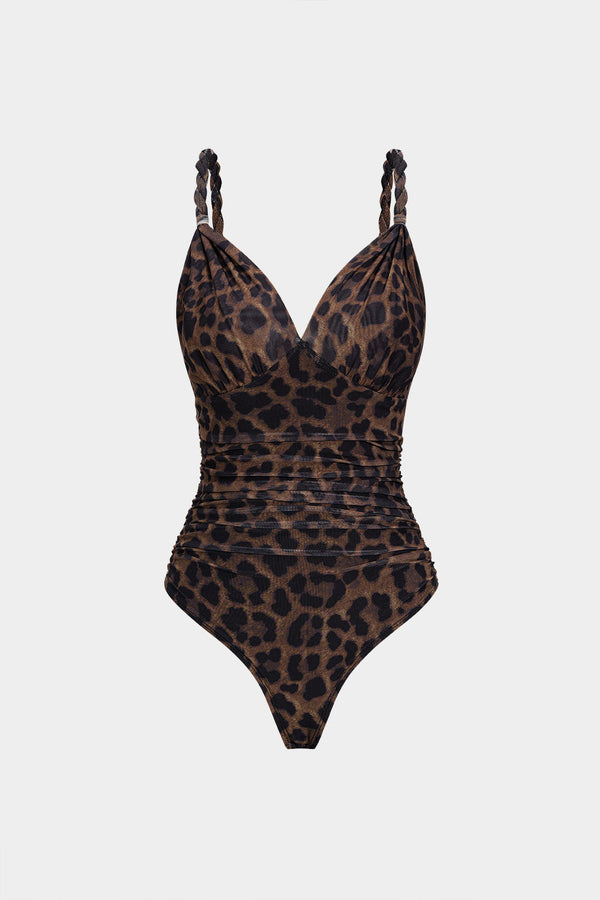 Luipaardprint mesh body met V-hals en ruches