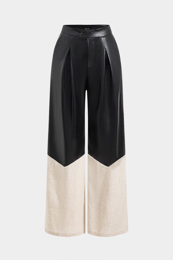Leren-look linnen pantalon met hoge taille