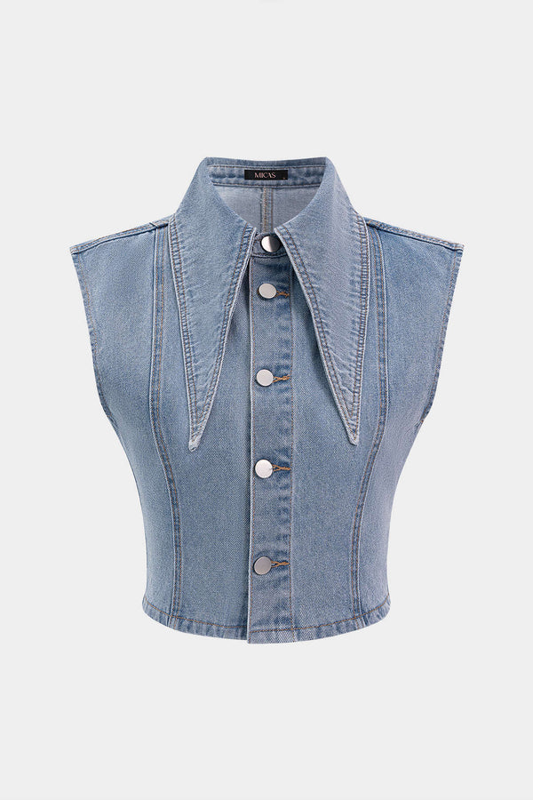 Denim gilet met revers en knoopjes