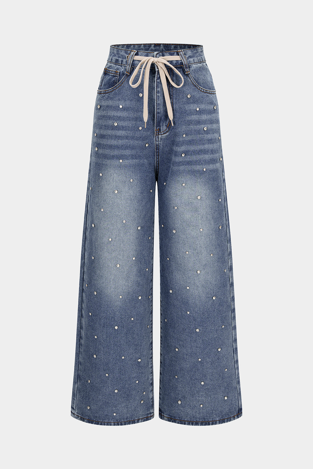 Jeans met trekkoord, hoge taille en wijde pijpen