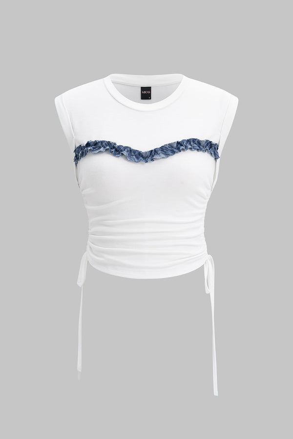Patchwork T-shirt met ronde hals, strik en korte mouwen