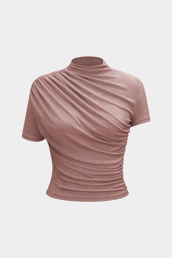 Sterre - T-shirt met opstaande kraag, ruches en korte mouwen
