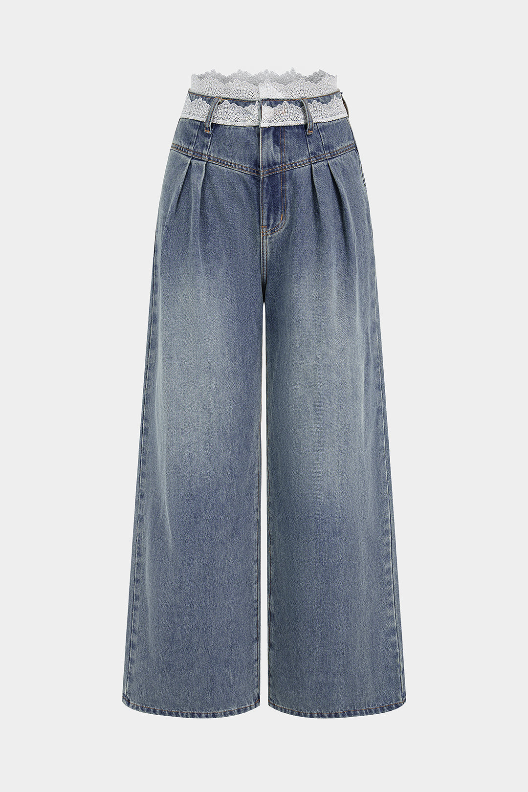 Patchwork jeans met kant en wijde pijpen